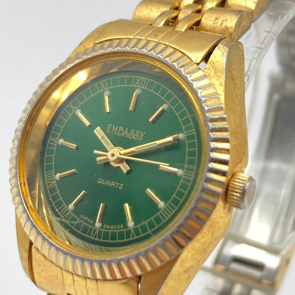 Vintage Embassy Womens Watch 25mm Gold Tone Green Dial New Battery 7"